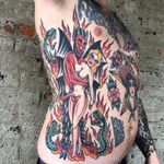 Tattoo by Bert Krak #BertKrak #satantattoos #satan #devil #demon #hell #death #lady #pinup #fire #traditional #color