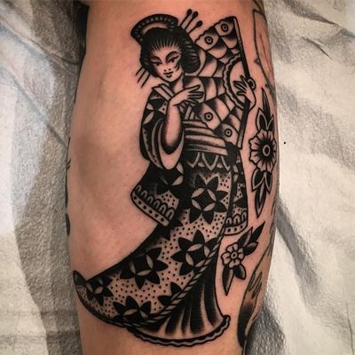 Tattoo by Paul Dobleman #PaulDobleman #geishatattoos #geisha #Japanese #kimono #flower #pattern #blackandgrey #traditional #fan