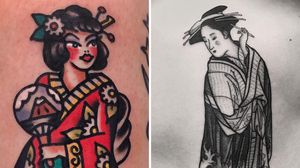 Tattoo on the left by Needles Tattooing and tattoo on the right by Luca Cospito #LucaCospito #NeedlesTattooing #geishatattoos #geisha #Japanese