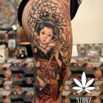 Tattoo by Neon Drug #NeonDrug #geishatattoos #geisha #Japanese #color #illustrative #chrysanthemum #flower #floral #shamisen