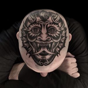 Tattoo by Austin Maples #AustinMaples #satantattoos #satan #devil #demon #hell #death #blackwork #scalp #headtattoo #traditional