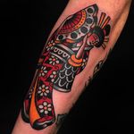 Tattoo by Austin Maples #AustinMaples #geishatattoos #geisha #Japanese #kimono #fan #flower #color #traditional