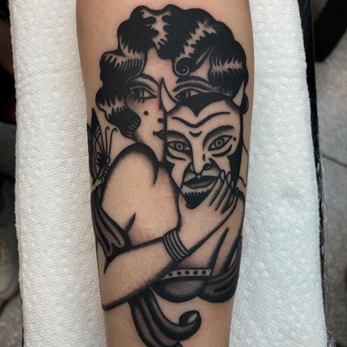 Tattoo by Bob Geerts #BobGeerts #satantattoos #satan #devil #demon #hell #death #blackandgrey #traditional #mask #lady #ladyhead #portrait #butterfly