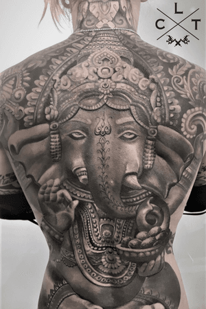 Back tattoo. Black and grey tattoo. Indian tattoo. Elephant tattoo