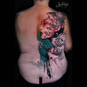 Tattoo by Jay Freestyle #JayFreestyle #geishatattoos #geisha #Japanese #realism #sacredgeometry #clouds #Illustrative #watercolor #peony #dotwork #linework #cherryblossom