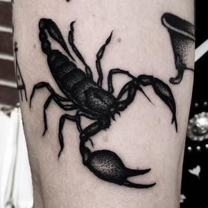 Tattoo by Mike Adams #MikeAdams #scorpiontattoos #scorpion #animal #nature #blackwork #dotwork #illustrative