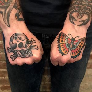 Tattoo by Steve Boltz #SteveBoltz #matchingtattoos #pairtattoos #pairs #matching #blackandgrey #color #traditional #skullandcrossbones #skull #butterfly