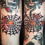 Tattoo by Ian Wiedrick #IanWiedrick #matchingtattoos #pairtattoos #pairs #matching #color #pinkpanther #mushroom #spiderweb #oldschool #traditional
