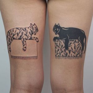 Tattoo by Anny aka Krause Tattoo #Anny #KrauseTattoo #matchingtattoos #pairtattoos #pairs #matching #tiger #panther #junglecat #cat #blackwork #illustrative