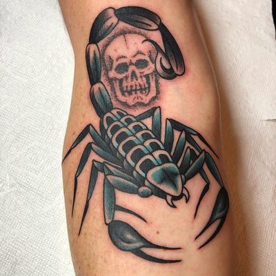 Tattoo by Frankie Caraccioli aka Death Cloak #FrankieCaraccioli #DeathCloak #scorpiontattoos #scorpion #animal #nature #color #blue #traditional #scorpion