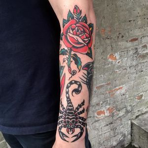 Tattoo by Eli Quinters #EliQuinters #scorpiontattoos #scorpion #animal #nature #rose #flower #floral #traditional #color