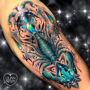 Tattoo by Lilian Raya #LilianRaya #scorpiontattoos #scorpion #animal #nature #newschool #jewel #gem #pearls #filigree #dotwork #fineline #sparkle #color #blue