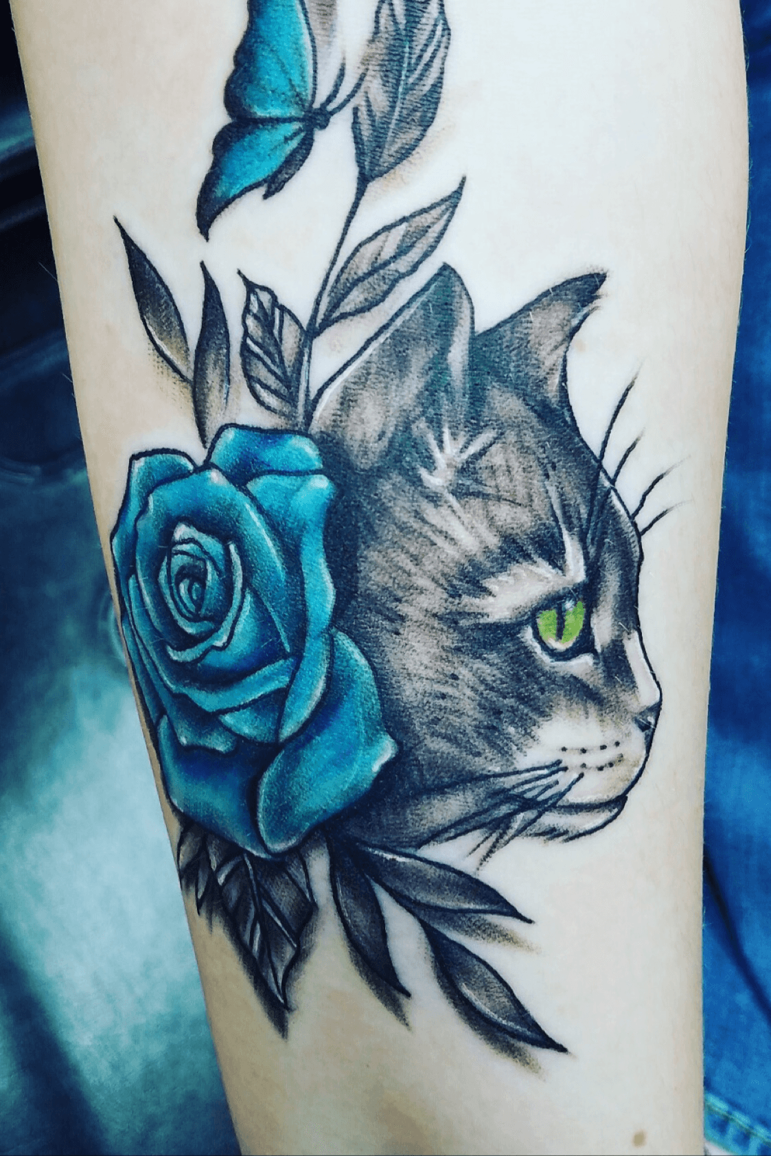 Tattoo uploaded by Savannah Walters • Cat memior with blue rose