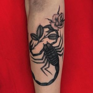 Tattoo by Juan Diego aka illegal tattoos #JuanDiego #illegaltattoos #scorpiontattoos #scorpion #animal #nature #blackandgrey #chicano #illustrative #rose #flower