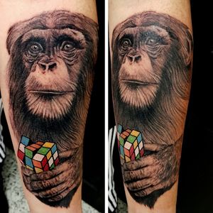 Chimp by Dee #chimpanzee #rubikscube #tattooart #tattooartist #realistic #realism 