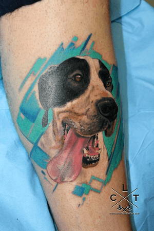 Color tattoo. Dog portrait tattoo. Realistic tattoo. Leg tattoo