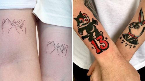 Tattoo on the left by Vanessa aka Vane Tattoo and tattoo on the right by Eli Quinters #Vanessa #VaneTattoo #EliQuinters #matchingtattoos #pairtattoos #pairs #matching