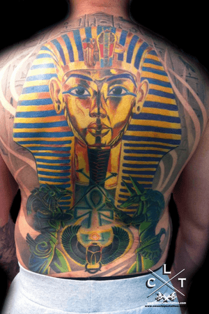 Color tattoo. Egypcian tattoo. Faraon tattoo. Full back tattoo.