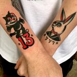 Tattoo by Eli Quinters #EliQuinters #matchingtattoos #pairtattoos #pairs #matching #color #traditional #felixthecat #cat #13 #bunny #playboybunny #numbers