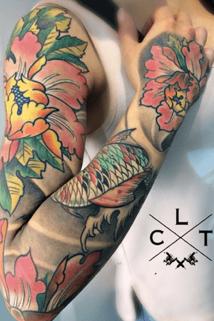 Color tattoo. Japanese tattoo. Koi tattoo. Arm tattoo