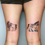 Tattoo by Charline Bataille #CharlineBataille #matchingtattoos #pairtattoos #pairs #matching #horse #cute #rose #floral #animal #color #illustrative
