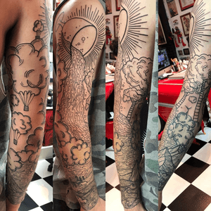 Finished the linework sleeve. We turbed it more surrealistic #sleeve #linework #blackwork #surrealism #clouds #wine #glass #hotairballoon #tree 