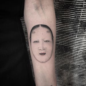 Tattoo by Azusa at Three Tides - Tattooed Travels: Tokyo, Japan #TattooedTravels #Tokyo #Japan #Azusa #ThreeTides #mask #nohmask #Noh #portrait #Japanese