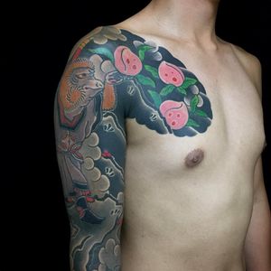 Tattoo by Ichi Hatano of Ichi Tattoo Tokyo #IchiHatano #IchiTattooTokyo #Japanese #Irezumi #horimono #Tokyo #Japan #Saiyuki #monkey #king #peaches #folklore #fruit