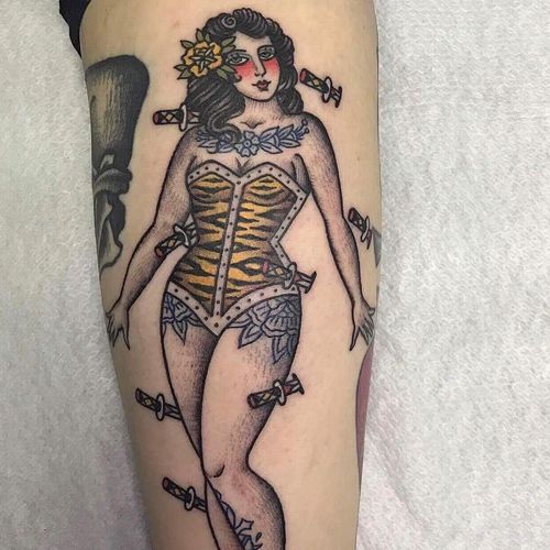 Tattoo by Sonia Cash #SoniaCash #pinuptattoos #pinup #lady #babe #girl #traditional #color #daggers