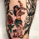 Tattoo by Jason Ochoa #JasonOchoa #pinuptattoos #pinup #lady #babe #girl #traditional #color #hawaii #hawaiiangirl #rose #island #beach #palmtrees