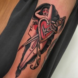 Tattoo by Bob Geerts #BobGeerts #pinuptattoos #pinup #lady #babe #girl #traditional #color #heart #dagger #ladyhead #portrait