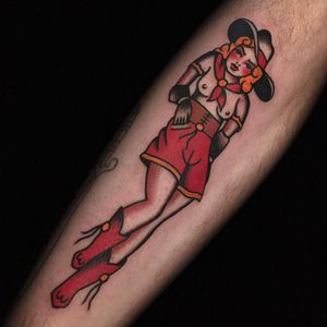 Tattoo by Austin Maples #AustinMaples #pinuptattoos #pinup #lady #babe #girl #traditional #color #cowgirl #western