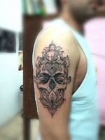 Did this Skull with lotus and a Buddha yesterday... designed and inKed by K #tattoo #ink #tatttoos #worldfamousink #eikondevice #greenmonster #tattooaddictsouthafrica #gunwax #thelightningstation #tam #tattoodo #skull #lotus #buddha #dots #shouldertattoo