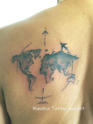 World map black back tattoo piece airplane, dotting black ink