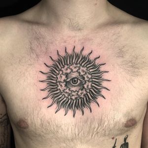 Tattoo by Jack Ankersen #JackAnkersen #favoritetattoos #favorites #best #besttattoos #illustrative #blackwork #clouds #sun #eye #thirdeye