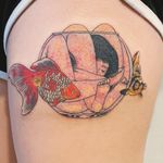 Tattoo by Mick Hee #MickHee #favoritetattoos #favorites #best #besttattoos #illustrative #fish #goldfish #fishbowl #portrait #surreal
