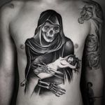 Tattoo by Nathan Kostechko #NathanKostechko #favoritetattoos #favorites #best #besttattoos #illustrative #reaper #lady #babe #pinup #death #skull #skeleton #blackwork