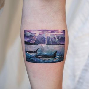 Tattoo by Dam Mad #DamMad #favoritetattoos #favorites #best #besttattoos #watercolor #painterly #photorealism #orca #killerwhale #whale #ocean #sky #landscape #color