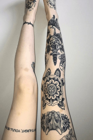 right leg and script on left thigh by jayden happel, left inner leg by storm walls, feet and roses on right upper thigh by gary stevenson 