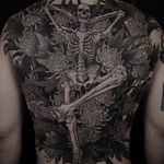 Tattoo by Gara Tattooer #GaraTattooer #favoritetattoos #favorites #best #besttattoos #skeleton #skull #death #flowers #floral #illustrative #blackandgrey #chrysanthemum #backpiece #coffin
