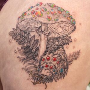 Tattoo by Meg Adamson #MegAdamson #favoritetattoos #favorites #best #besttattoos #illustrative #mushroom #ohmu #insect #nausicaa #studioghibli #leaves #nature #gems #sparkle #anime #manga