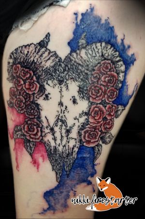 Ram skull thigh piece with flowers and watercolor splashes that I did during my apprenticeship (July 2018).http://nikkifirestarter.com#tattoo #bodyart #bodymod #ink #art #femaleartist #femaletattooist #apprenticetattoo #mnartist #mntattoo #mntattooist #visualart #tattooart #tattoodesign #ram #ramskull #skull #ramtattoo #skulltattoo #flowertattoo #watercolortattoo #colorink #horns