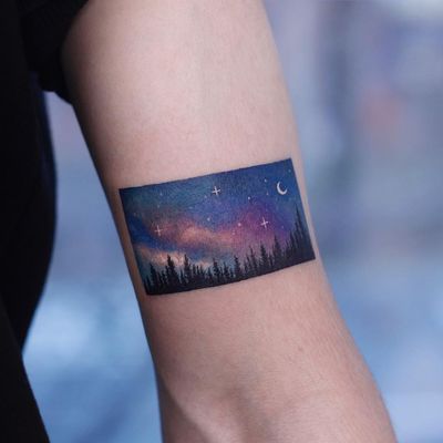Tattoo by Saegeem #Saegeem #favoritetattoos #favorites #best #besttattoos #watercolor #painterly #photorealism #sky #landscape #color #forest #trees #stars #moon