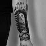 Tattoo by Laura Yahna #LauraYahna #blackwork #darkart #illustrative #stairs #skull #death #fire