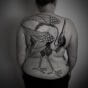 Tattoo by Laura Yahna #LauraYahna #blackwork #darkart #illustrative #crane #bird #feathers #animal #nature #backpiece #backtattoo