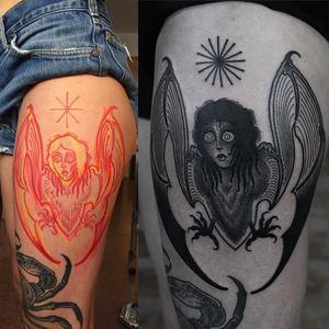 Tattoo by Laura Yahna #LauraYahna #blackwork #darkart #illustrative #bat #animal #deity #wings #harpy #ladyhead #lady