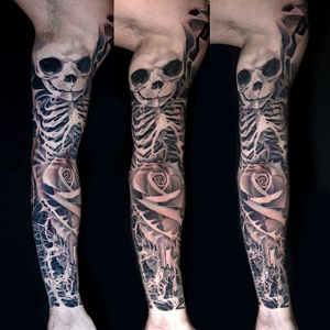 Black and grey full sleeve Skulls and roses tattoo in progresswww.alolocotattoo.com
