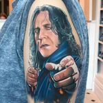 Tattoo by Steve Butcher #SteveButcher #FantasticBeasts #HarryPotter #JKRowling #HarryPottertattoos #Snape #realistic #realism #hyperrealism #ProfessorSnape #wand #wizard #magic #spell