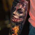 Tattoo by Yomico #Yomico #darkarttattoos #darkart #evil #horror #dark #realism #realistic #portrait #ladyhead #blood #skull