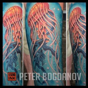 Jellyfish done in illustration style in full color. No black was used in the making of this tattoo. lol.